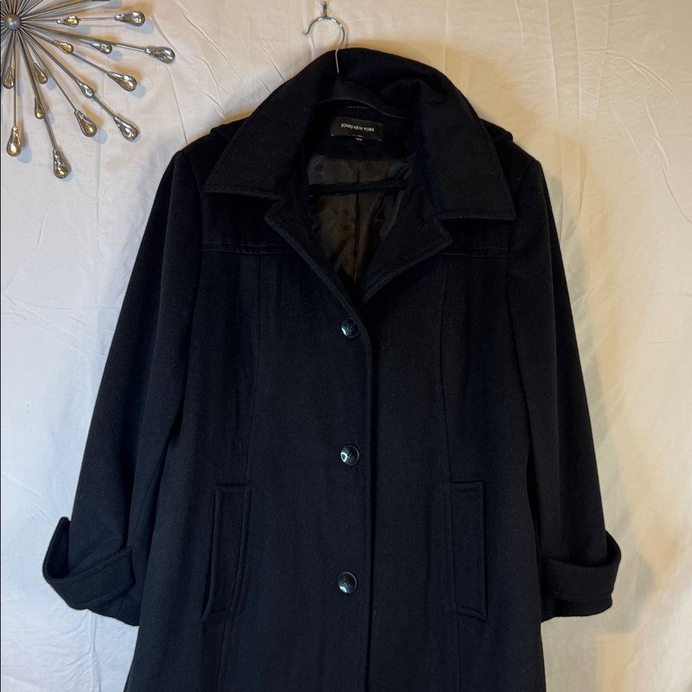 Warm & Cozy Jones New York Women’s Black Long Coat With Hood Size 18W - Picture 14 of 15